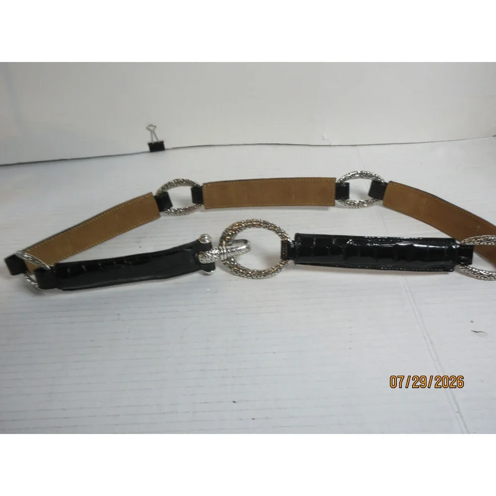 Brighton Black Croc Embossed Patent Leather Link Belt Silver Ornate Hardware 38